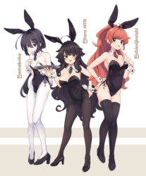 Rule 34 | 3girls, ahoge, animal ears, artist self-insert, bandaid, bandaid on cheek, bandaid on face, bare shoulders, black footwear, black hair, black legwear, black leotard, blue neckwear, breasts, brown eyes, brown hair, cleavage, collar, commentary request, detached collar, fake animal ears, green neckwear, grey background, hair ornament, hairclip, hand on own hip, high heels, high ponytail, highres, holding, holding tray, large breasts, leotard, long hair, looking at viewer, medium breasts, multiple girls, natsuki-chan (natsuki teru), natsuki teru, necktie, original, pale skin, pantyhose, playboy bunny, ponytail, purple eyes, rabbit ears, rabbit tail, red neckwear, shoes, short necktie, small breasts, smile, strapless, strapless leotard, tail, thighhighs, tray, twitter username, two-tone background, very long hair, white background, white collar, white legwear, wing collar, wrist cuffs