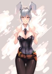 Rule 34 | 1girl, absurdres, animal ears, aowltus209, bad id, bad twitter id, battle bunny riven, belt, breasts, brown pantyhose, carrot, cleavage, detached collar, fake animal ears, grey background, hairband, hands up, heart, heart-shaped pupils, highres, league of legends, leotard, lips, looking at viewer, necktie, pantyhose, playboy bunny, ponytail, purple background, purple eyes, rabbit ears, riven (league of legends), silver hair, smile, solo, sweat, symbol-shaped pupils, thigh gap