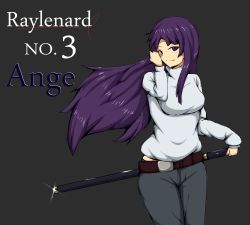 Rule 34 | 1girl, anjou, armored core, armored core 4, breasts, female focus, from software, grey background, long hair, pants, purple hair, smile, solo, standing, sword, weapon