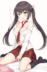 Rule 34 | 1girl, azur lane, bare shoulders, between legs, black hair, black socks, blue eyes, blush, breasts, cleavage, collarbone, collared shirt, commentary request, full body, glasgow (a maid in class) (azur lane), glasgow (azur lane), hair ornament, hair ribbon, hairclip, hand between legs, kneehighs, long hair, long sleeves, medium breasts, midriff peek, navel, necktie, off-shoulder shirt, off shoulder, on bed, open mouth, pillow, pink ribbon, plaid, plaid skirt, red necktie, red skirt, ribbon, shirt, sidelocks, sitting, skirt, socks, solo, sweatdrop, translation request, twintails, unbuttoned, unbuttoned shirt, wariza, white shirt, yamasan