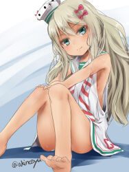 Rule 34 | 1girl, akino shuu, bare arms, bare shoulders, barefoot, bow, brown hair, closed mouth, commentary request, convenient leg, dress, grecale (kancolle), green eyes, hair between eyes, hair bow, hands on own knees, head tilt, kantai collection, knees together feet apart, knees up, looking at viewer, panties, red bow, sailor collar, sleeveless, sleeveless dress, smile, soles, solo, striped clothes, striped panties, twitter username, underwear, white dress, white headwear, white sailor collar
