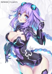 Rule 34 | 1girl, arched back, armpits, artist name, black bodysuit, blush, bodysuit, braid, breasts, bright pupils, choujigen game neptune, cleavage, cleavage cutout, clothing cutout, commentary request, covered navel, cowboy shot, hair between eyes, hair flaps, hair ornament, hand up, head tilt, hong (white spider), large breasts, leaning forward, legs together, leotard, long hair, looking at viewer, low twintails, neptune (series), parted lips, power symbol, power symbol-shaped pupils, purple hair, purple heart (neptunia), signature, simple background, skin tight, solo, standing, symbol-shaped pupils, thighs, twin braids, twintails, very long hair, white background, wide hips, zoom layer