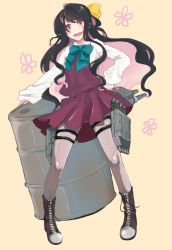 Rule 34 | &gt;:d, 10s, 1girl, :d, black hair, blue bow, boots, bow, bowtie, curly hair, drum (container), full body, hair ribbon, hand on own hip, highres, kantai collection, long hair, long sleeves, looking at viewer, multicolored hair, naganami (kancolle), open mouth, oxalis444, pantyhose, pigeon-toed, pink hair, pleated skirt, ribbon, skirt, smile, solo, v-shaped eyebrows, very long hair, yellow ribbon