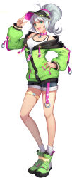Rule 34 | 1girl, absurdres, aragaki youko, bandai, baseball cap, breasts, digimon, digimon new century, fang, fingernails, green eyes, green jacket, grey hair, hand on own hip, hat, highres, holding, jacket, long hair, looking at viewer, medium breasts, official art, open clothes, open jacket, open mouth, ponytail, ribbon, shiny skin, short shorts, shorts, standing, wide hips