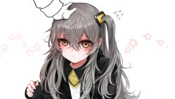 Rule 34 | 1girl, 1other, black jacket, blush, brown eyes, closed mouth, collared shirt, dokomon, flying sweatdrops, girls&#039; frontline, gloves, grey hair, hair between eyes, headpat, jacket, long hair, long sleeves, nail polish, one side up, open clothes, open jacket, out of frame, pink nails, scar, scar across eye, shirt, simple background, sleeves past wrists, star (symbol), starry background, sweat, ump45 (girls&#039; frontline), upper body, very long hair, white background, white gloves, white shirt
