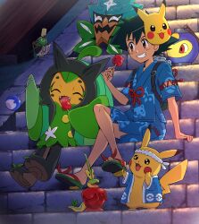 Rule 34 | 1boy, absurdres, arm support, ash ketchum, backpack, bag, black hair, blue shirt, blue shorts, brown eyes, candy apple, character mask, commentary request, creatures (company), crossed legs, dipplin, food, game freak, gen 1 pokemon, green bag, grin, happy, highres, holding, knees, lantern, male focus, mask, mask on head, night, nintendo, ogerpon, outdoors, pikachu, pokemoa, pokemon, pokemon (anime), pokemon (creature), pokemon (game), pokemon sv, sandals, shirt, short hair, short sleeves, shorts, sinistcha, sitting, sitting on stairs, smile, stairs, teeth, toes