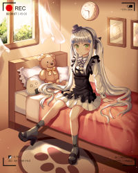 Rule 34 | 1girl, absurdres, bed, black ribbon, blunt bangs, blush, clock, commentary request, facial mark, girls&#039; frontline, green eyes, hair ornament, hair ribbon, haneiro, hat, highres, hk416 (black kitty&#039;s gift) (girls&#039; frontline), hk416 (girls&#039; frontline), huge filesize, indoors, long hair, long sleeves, looking at viewer, official alternate costume, on bed, pillow, recording, ribbon, silver hair, sitting, socks, solo, stuffed animal, stuffed toy, teddy bear, very long hair, window