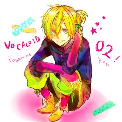 Rule 34 | 1boy, blonde hair, boots, full body, gradient background, hand on own ear, hand on own knee, headphones, kagamine len, kouyama (kkt5630), male focus, pants, ponytail, shorts, sitting, smile, solo, star (symbol), sweater, vocaloid, white background