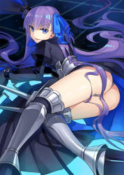 Rule 34 | 10s, armor, armored boots, ass, blue ribbon, boots, commentary, crotch plate, fate/extra, fate/extra ccc, fate/grand order, fate (series), hair ribbon, juliet sleeves, long hair, long sleeves, meltryllis (fate), mujun atama, puffy sleeves, purple hair, revealing clothes, ribbon, sleeves past wrists, spikes, very long hair