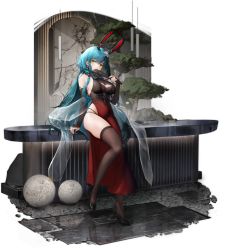 Rule 34 | 1girl, animal ears, arm support, azur lane, bare shoulders, black footwear, blue hair, boise (azur lane), boise (jade mermaid) (azur lane), breasts, brown thighhighs, cleavage, cleavage cutout, clothing cutout, dress, earrings, elbow gloves, fake animal ears, folding fan, gloves, hair ornament, hand fan, haori io, high heels, highres, holding, holding fan, jewelry, large breasts, long hair, looking at viewer, official alternate costume, official art, rabbit ears, red dress, side slit, thighhighs, thighs, transparent background, yellow eyes