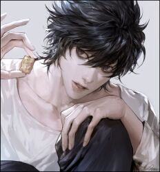 Rule 34 | 1boy, black eyes, black hair, commentary request, death note, grey background, hair between eyes, hand on own knee, highres, holding, korean commentary, l (death note), lips, long sleeves, looking at object, male focus, parted lips, realistic, shirt, short hair, signature, solo, spiked hair, vlfdus 0, white shirt