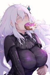 Rule 34 | 1girl, absurdres, breasts, butterfly hair ornament, doughnut, echidna (re:zero), food, hair ornament, highres, large breasts, solo, tagme, white hair