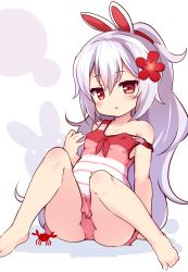 Rule 34 | 1girl, :o, animal, animal ears, azur lane, baku-p, bare arms, bare legs, bare shoulders, barefoot, blush, breasts, casual one-piece swimsuit, commentary request, covered erect nipples, crab, flower, frilled one-piece swimsuit, frilled swimsuit, frills, hair between eyes, hair down, hair flower, hair ornament, hand up, highres, laffey (azur lane), long hair, one-piece swimsuit, parted lips, rabbit ears, red eyes, red flower, shadow, silver hair, sitting, small breasts, solo, strap slip, striped clothes, striped one-piece swimsuit, swimsuit, very long hair, white background