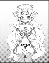 Rule 34 | 1girl, blush, c-rabbit, clothes lift, demon girl, demon horns, detached sleeves, elsword, frown, greyscale, highres, horns, long hair, luciela r. sourcream, monochrome, navel, panties, panty pull, pointy ears, pubic tattoo, pussy juice, pussy juice trail, ribbon, skirt, skirt lift, solo, star-shaped pupils, star (symbol), symbol-shaped pupils, tattoo, underwear