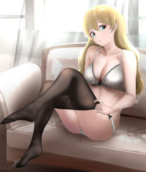 Rule 34 | 1girl, ass, bare shoulders, black pantyhose, blonde hair, blue eyes, blush, bra, breasts, brown pantyhose, cleavage, clothes pull, collarbone, commentary request, commission, couch, curtains, darjeeling (girls und panzer), dressing, girls und panzer, hair between eyes, hair down, highres, indoors, large breasts, long hair, looking at viewer, panties, pantyhose, pantyhose pull, pixiv commission, sitting, solo, tama (tamago), thighs, underwear, underwear only, white panties