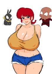 Rule 34 | 1girl, 2boys, bare shoulders, blue eyes, breasts, cleavage, denim, happosai, highres, huge breasts, looking at viewer, midriff, momijizx, multiple boys, open mouth, p-chan, ranma-chan, ranma 1/2, red hair, short shorts, shorts, standing, sweat, thick thighs, thighs, white background