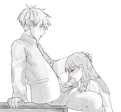 Rule 34 | 1boy, 1girl, blush, eroselth, fellatio, half-closed eyes, hand on another&#039;s head, hetero, highres, kneeling, long hair, looking at another, nose, oral, penis, sailor collar, saliva, school uniform, simple background, spot color