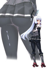 Rule 34 | 1girl, ass, back, black gloves, black skirt, blunt bangs, boots, corset, cosplay, from behind, full body, gloves, glowing, grey footwear, hair ribbon, hands on own hips, hatsuzuki (kancolle), hatsuzuki (kancolle) (cosplay), headgear, hiememiko, high heel boots, high heels, highres, kantai collection, knee boots, legs apart, long hair, looking at viewer, looking back, miniskirt, murakumo (kancolle), pantyhose, pleated skirt, ribbon, sailor collar, shiny clothes, shirt, short eyebrows, silver hair, skirt, solo, standing, tress ribbon, white background, white shirt, zoom layer