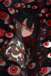 Rule 34 | 1girl, black hair, closed mouth, earrings, hair between eyes, japanese clothes, jewelry, kimono, long hair, looking at viewer, original, red eyes, sleyercool, solo, too many eyes, upper body