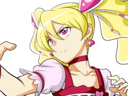 Rule 34 | 00s, 1girl, blonde hair, choker, cure peach, earrings, fighting stance, fresh precure!, hair ornament, heart, heart earrings, heart hair ornament, jewelry, koge9, long hair, magical girl, momozono love, pink eyes, precure, serious, solo, twintails