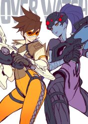 Rule 34 | 2girls, bodysuit, brown hair, closed mouth, colored skin, contrapposto, dual wielding, earrings, goggles, grey skin, gun, highres, holding, holding gun, holding weapon, jewelry, kotatsu (g-rough), multiple girls, night vision device, orange goggles, overwatch, ponytail, purple bodysuit, purple hair, purple lips, short hair, sketch, smile, smug, stud earrings, tracer (overwatch), weapon, widowmaker (overwatch), yellow bodysuit, yellow eyes