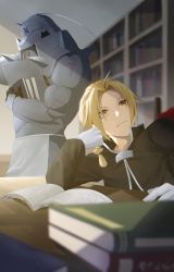 Rule 34 | 2boys, absurdres, ahoge, alphonse elric, armor, blonde hair, book, braid, braided ponytail, chair, coat, edward elric, fullmetal alchemist, gloves, helmet, highres, holding, holding book, kinaco 4738, library, looking to the side, multiple boys, short hair, sitting, standing, white gloves, yellow eyes