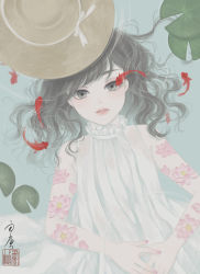 Rule 34 | 1girl, absurdres, arm tattoo, black hair, commentary, dress, fish, flower, flower tattoo, frilled dress, frills, from above, goldfish, grey eyes, hat, hat ribbon, highres, in water, lily pad, long hair, looking at viewer, lying, nail polish, on back, original, parted lips, pink flower, ribbon, seal impression, signature, sleeveless, sleeveless dress, solo, straw hat, submerged, tattoo, unworn hat, unworn headwear, upper body, ushiyama ame, water, water lily flower, wavy hair, white dress, white ribbon