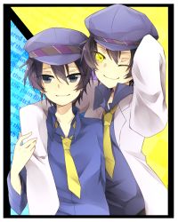 Rule 34 | 2girls, androgynous, arm around shoulder, blue eyes, blue hair, cabbie hat, dark persona, dual persona, hat, lab coat, multiple girls, necktie, persona, persona 4, reverse trap, shadow (persona), shadow naoto, shigure rin, shirogane naoto, short hair, sleeves past wrists, smile