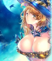 Rule 34 | 10s, 1girl, aircraft, airship, beatrix (granblue fantasy), breasts, brown eyes, brown hair, cleavage, frills, gloves, granblue fantasy, grancypher (granblue fantasy), hat, large breasts, long hair, looking at viewer, min-naraken, moon, night, night sky, signature, sky, smile, solo, star (symbol), witch hat