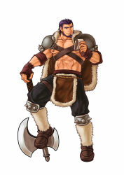 Rule 34 | 1boy, abs, armor, axe, bara, beard, biceps, cape, facial hair, fire emblem, fire emblem: path of radiance, full body, gloves, highres, holding, large pectorals, largo (fire emblem), leg up, male focus, mature male, navel, nintendo, nipple slip, nipples, pauldrons, pectorals, pelvic curtain, planted, purple hair, shoulder armor, simple background, smile, solo, thick eyebrows, topless male, weapon, white background, zelo-lee