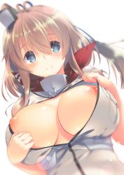 Rule 34 | 10s, 1girl, anchor, blue eyes, breast pocket, breasts, brown hair, dress, hair between eyes, hair ornament, heart, heart-shaped pupils, highres, kantai collection, large breasts, long hair, mutsuno hekisa, nipple slip, nipples, open clothes, pocket, saratoga (kancolle), side ponytail, sidelocks, smile, solo, symbol-shaped pupils, white dress