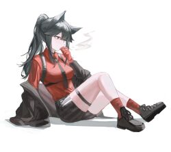Rule 34 | absurdres, animal ear fluff, animal ears, arknights, black hair, cigarette, gloves, highres, holding, holding cigarette, liize, necktie, ponytail, shirt, shorts, simple background, smoking, texas (arknights), texas (willpower) (arknights), wolf ears, wolf girl