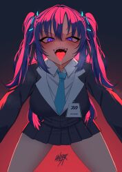 Rule 34 | 1girl, ai-assisted, artist name, blue archive, blue necktie, collared shirt, corrupted twitter file, formal, halo, heart, heart-shaped pupils, highres, id card, linear 71, looking at viewer, mechanical halo, necktie, open mouth, pleated skirt, purple hair, saliva, sharp teeth, shirt, simple background, skirt, suit, symbol-shaped pupils, teeth, tongue, tongue out, two side up, white shirt, yuuka (blue archive)