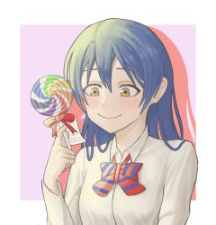 Rule 34 | 1girl, absurdres, artist name, artist request, blue hair, blush, bow, bowtie, breasts, brown eyes, candy, collared shirt, female focus, food, hair between eyes, hair over shoulder, highres, holding, holding candy, holding food, long hair, looking at viewer, love live!, love live! school idol project, medium breasts, nervous smile, otonokizaka school uniform, parted lips, red bow, school uniform, shirt, short sleeves, smile, solo, sonoda umi, striped, striped bow, upper body, white shirt, wing collar, yellow eyes
