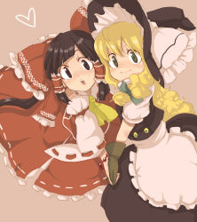 2girls bad_id bad_pixiv_id blonde_hair bow braid brown_hair cats_brain female_focus gloves hair_bow hakurei_reimu hat kirisame_marisa long_hair multiple_girls short_hair touhou witch witch_hat yellow_eyes