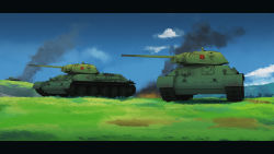 Rule 34 | absurdres, caterpillar tracks, cloud, day, emblem, fire, girls und panzer, grass, highres, hill, huge filesize, letterboxed, military, military vehicle, motor vehicle, no humans, outdoors, persocon93, pravda (emblem), sky, smoke, t-34, tank, tree, vehicle focus
