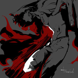 Rule 34 | 1boy, artist name, bad id, bad pixiv id, black background, black hair, closed mouth, expressionless, fingernails, foreshortening, hood, hood up, leaning forward, leg up, limited palette, long hair, male focus, open clothes, open shirt, pants, profile, red eyes, ruvik, shirt, simple background, solo, standing, standing on one leg, the evil within, tosstoss