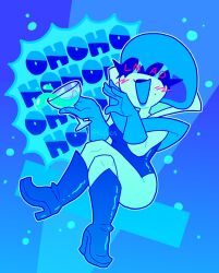 Rule 34 | 1girl, acid, blue background, blue footwear, blue gloves, blush, cup, deltarune, drinking glass, english text, gloves, highres, holding, holding cup, humanoid robot, kcdoos, laughing, open mouth, queen (deltarune), robot, robot girl, sitting, undertale, wine glass