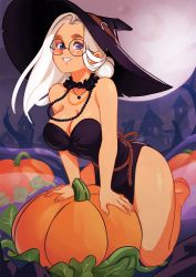 Rule 34 | 1girl, bare shoulders, barefoot, black-framed eyewear, black choker, black dress, blush, bracelet, breasts, choker, cleavage, commentary, dress, english commentary, frilled choker, frills, full body, full moon, glasses, glasses girl (squeezable), hair bun, halloween, halloween costume, highres, jewelry, june (squeezable), large breasts, long hair, looking at viewer, mole, mole under eye, moon, narrow waist, necklace, night, original, pearl necklace, pelvic curtain, pumpkin, rope belt, round eyewear, single hair bun, smile, soles, solo, squeezable (squeezabledraws), strapless, strapless dress, thick eyebrows, toes, white hair