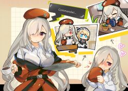 Rule 34 | 2girls, @ @, blonde hair, blue eyes, blush, bra visible through clothes, braid, breasts, chesed (uporyz), chibi, clipboard, closed eyes, closed mouth, coat, coffee, collared shirt, commission, cup, english text, g36 (girls&#039; frontline), g36c (girls&#039; frontline), girls&#039; frontline, grey hair, hair over one eye, hat, heart, highres, holding, holding clothes, holding cup, holding hat, large breasts, long hair, long sleeves, looking at object, looking at viewer, maid, maid headdress, multiple girls, off shoulder, plant, potted plant, red beret, red coat, red eyes, shirt, skeb commission, speech bubble, watering can, white shirt