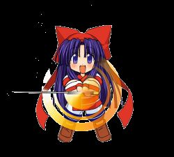1girl ainu_clothes animated animated_gif chibi clenched_hands fingerless_gloves gloves hair_ribbon highres legs long_hair nakoruru open_mouth pants purple_eyes purple_hair ribbon samurai_spirits smile snk the_king_of_fighters thighs weapon