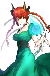 1girl animal_ears bow braid breasts cat_ears choker cleavage dress green_dress hair_bow highres kaenbyou_rin long_hair looking_at_viewer medium_breasts one-hour_drawing_challenge pointy_ears puffy_sleeves red_eyes red_hair redscythe short_sleeves smile solo tail touhou twin_braids white_background