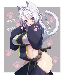 Rule 34 | 1girl, ahoge, akino sora, animal ears, belt, blue eyes, blush, breasts, cat ears, cat girl, cat tail, hair ornament, hairclip, highres, large breasts, long hair, looking at viewer, navel, original, solo, sword, tail, weapon, white hair