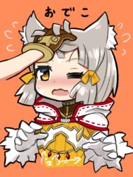 Rule 34 | 1boy, 1girl, = =, animal ear fluff, animal ears, blush, bodysuit, bow, brown gloves, fang, flying sweatdrops, gloves, grey hair, hair bow, headpat, highres, ma2acworks, nia (xenoblade), nose blush, one eye closed, open mouth, orange background, out of frame, rex (xenoblade), simple background, solo focus, sweat, translation request, upper body, white gloves, xenoblade chronicles (series), xenoblade chronicles 2, yellow bodysuit, yellow bow
