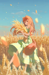 Rule 34 | 1girl, :o, absurdres, alternate costume, animal ears, bare arms, blue sky, blunt bangs, blurry, blush, brown eyes, brown hair, chinese commentary, commentary request, day, depth of field, dress, fang, feet out of frame, floating hair, green dress, highres, holding wheat, holo, long hair, looking at object, open mouth, outdoors, plaid, plaid dress, skin fang, sky, sleeveless, sleeveless dress, solo, spice and wolf, standing, tail, tsurime, very long hair, wheat, wheat field, wind, wind lift, wolf ears, wolf girl, wolf tail, zec0606