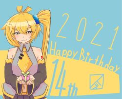 Rule 34 | 1girl, 2021, akita neru, bare shoulders, black skirt, black sleeves, blonde hair, blush, box, commentary, detached sleeves, gift, grey shirt, hair tie, half-closed eyes, happy birthday, highres, holding, holding box, holding gift, long hair, looking at viewer, navel, necktie, pleated skirt, shirt, side ponytail, skirt, sleeveless, sleeveless shirt, smile, smith hioka, solo, thick eyebrows, upper body, v-shaped eyebrows, very long hair, vocaloid, yellow eyes, yellow necktie