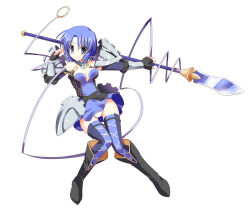 Rule 34 | 1girl, alternate costume, armor, bare shoulders, blue eyes, blue hair, blush, boots, breasts, catria (fire emblem), choker, dress, elbow gloves, fingerless gloves, fire emblem, fire emblem: mystery of the emblem, fire emblem awakening, full body, gloves, headband, matching hair/eyes, medium breasts, nintendo, ouhashi, panties, pegasus knight uniform (fire emblem), polearm, short hair, smile, solo, spear, thighhighs, underwear, weapon, white background, white panties