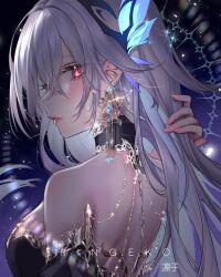Rule 34 | 1girl, absurdres, alternate costume, artist name, back, bare shoulders, blush, breasts, butterfly hair ornament, closed mouth, detached sleeves, earrings, expressionless, genshin impact, grey hair, hair between eyes, hair ornament, highres, jewelry, large breasts, long hair, looking at viewer, necklace, pink eyes, ringeko-chan, skirk (genshin impact), solo, upper body, very long hair