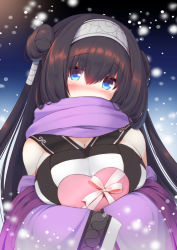 Rule 34 | 1girl, blue eyes, blush, box, breasts, brown hair, cleavage, commentary, covered mouth, detached sleeves, double bun, dress, gift, gift box, hair between eyes, hair bun, hairband, head tilt, heart-shaped box, highres, holding, holding gift, large breasts, light particles, long hair, looking at viewer, nose blush, own hands together, purple scarf, purple shawl, purple sleeves, raised eyebrows, rinne (sennen sensou aigis), scarf, sennen sensou aigis, shawl, sleeves past fingers, sleeves past wrists, solo, upper body, valentine, yomerinne