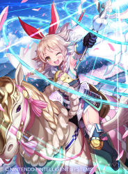 Rule 34 | 1girl, armor, armpits, black gloves, blonde hair, boots, bow, braid, breastplate, cape, cloud, cloudy sky, emma (fire emblem), fire emblem, fire emblem cipher, flying, full body, garter straps, gloves, hair bow, kousei horiguchi, long hair, looking at viewer, magic, nintendo, official art, one eye closed, open mouth, pegasus, pegasus knight uniform (fire emblem), riding, rod, sky, smile, solo, thigh boots, thighhighs, twin braids, watermark, yellow eyes